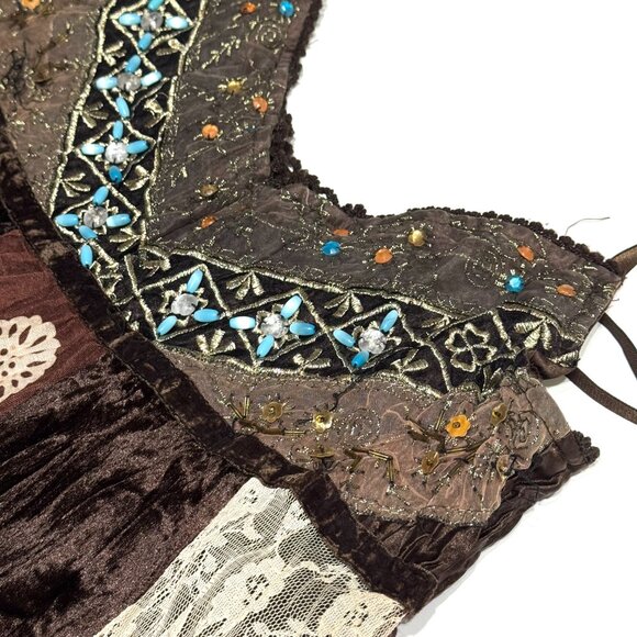 Vtg Y2K Papaya Patchwork Babydoll Dress Brown Beaded Lace Festival Eclectic Boho - Picture 15 of 16